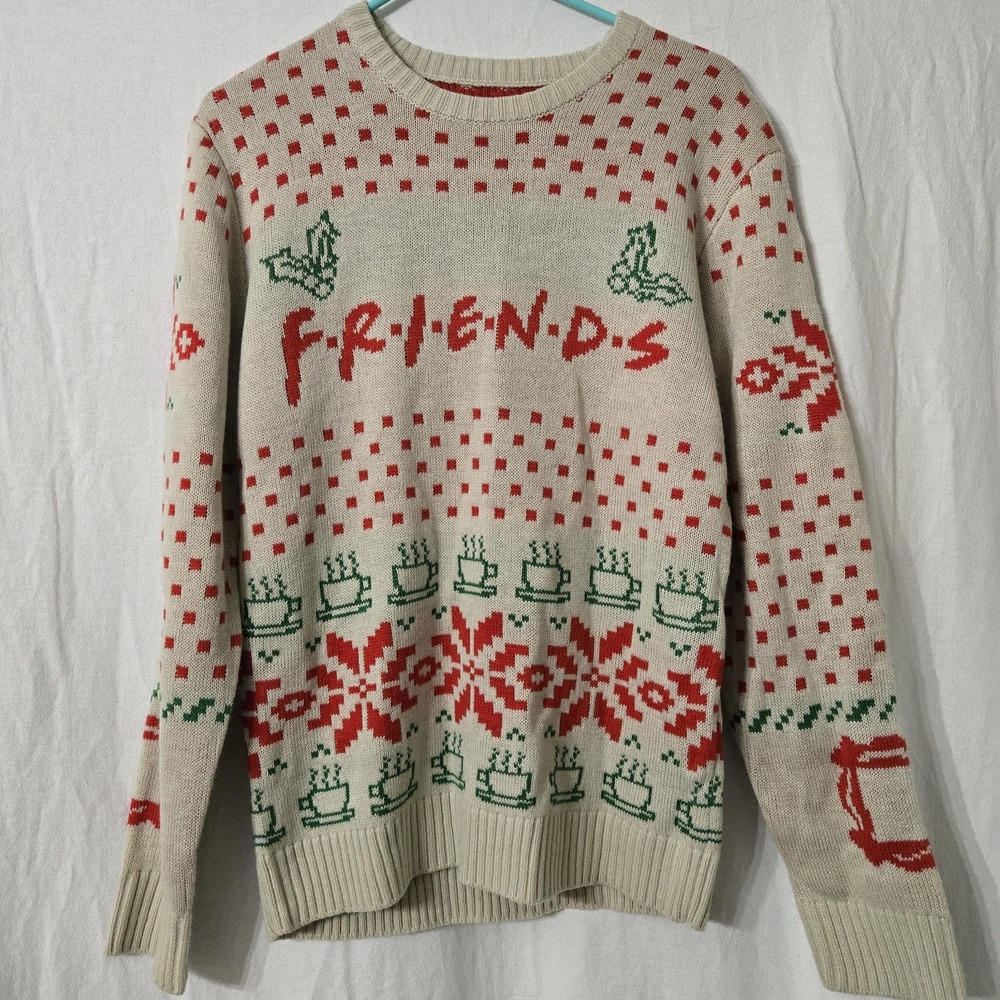 FRIENDS‎ TV Show Men's Beige Ugly Christmas Sweater Size Small EUC